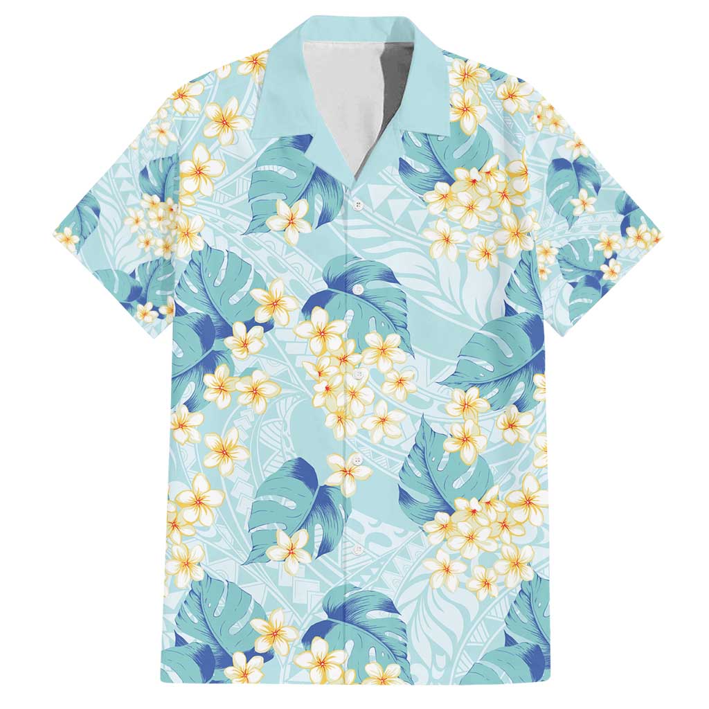 Pastel Cyan Tropical Hawaii Family Matching Summer Maxi Dress and Hawaiian Shirt Seamless Monstera Plumeria Hawaiian Pattern LT14 Dad's Shirt - Short Sleeve Pastel Cyan - Polynesian Pride