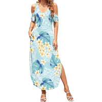 Pastel Cyan Tropical Hawaii Family Matching Summer Maxi Dress and Hawaiian Shirt Seamless Monstera Plumeria Hawaiian Pattern LT14 Mom's Dress Pastel Cyan - Polynesian Pride
