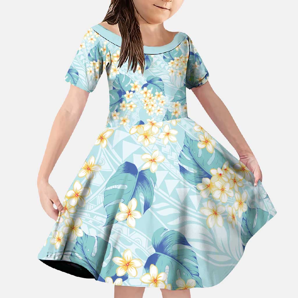 Pastel Cyan Tropical Hawaii Family Matching Tank Maxi Dress and Hawaiian Shirt Seamless Monstera Plumeria Hawaiian Pattern LT14 Daughter's Dress Pastel Cyan - Polynesian Pride