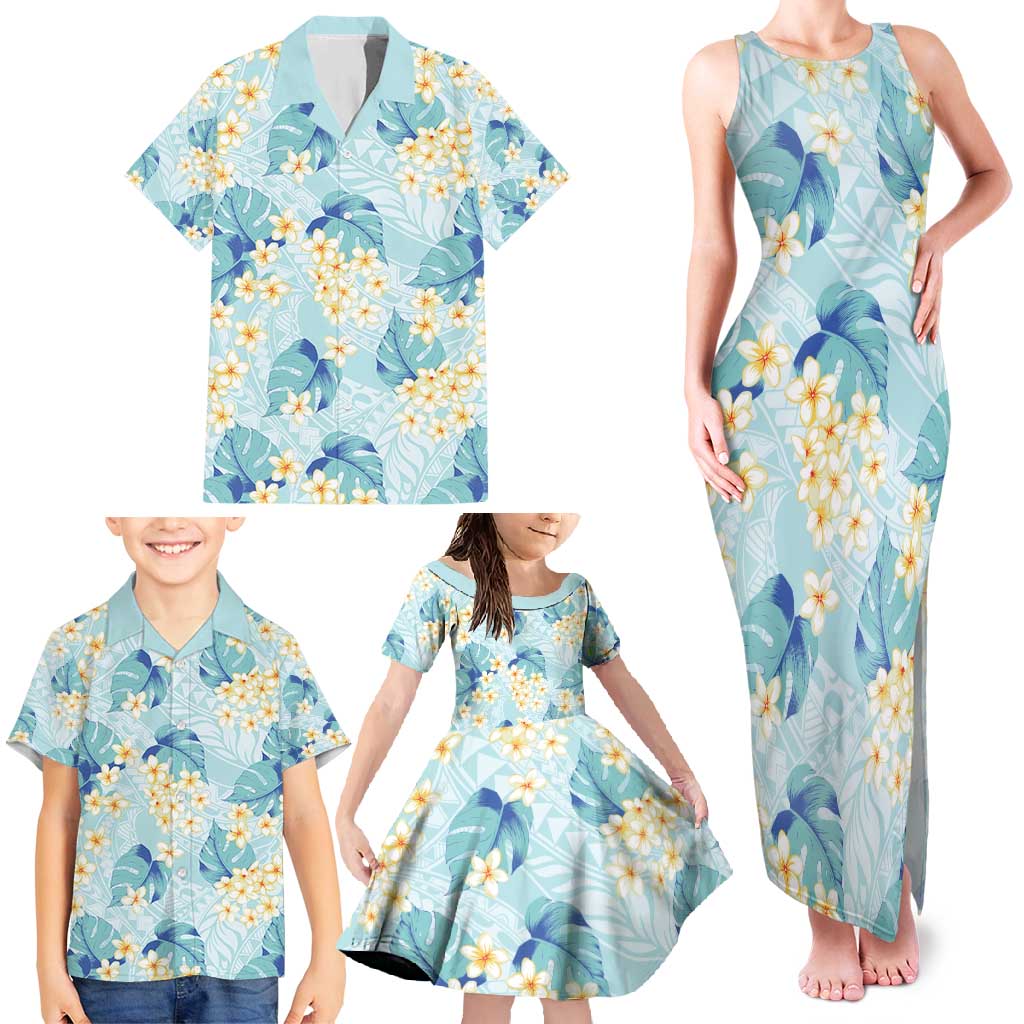Pastel Cyan Tropical Hawaii Family Matching Tank Maxi Dress and Hawaiian Shirt Seamless Monstera Plumeria Hawaiian Pattern LT14 - Polynesian Pride