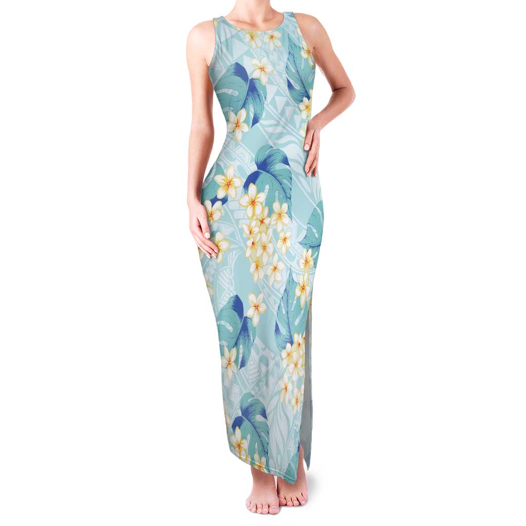 Pastel Cyan Tropical Hawaii Family Matching Tank Maxi Dress and Hawaiian Shirt Seamless Monstera Plumeria Hawaiian Pattern LT14 Mom's Dress Pastel Cyan - Polynesian Pride