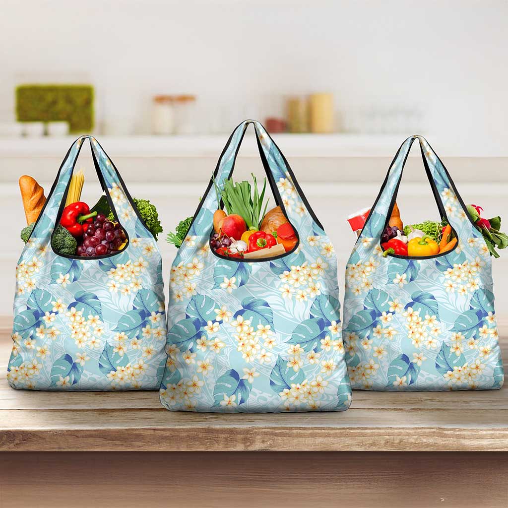 Pastel Cyan Tropical Hawaii Grocery Bag Seamless Monstera Plumeria Hawaiian Pattern - Polynesian Pride