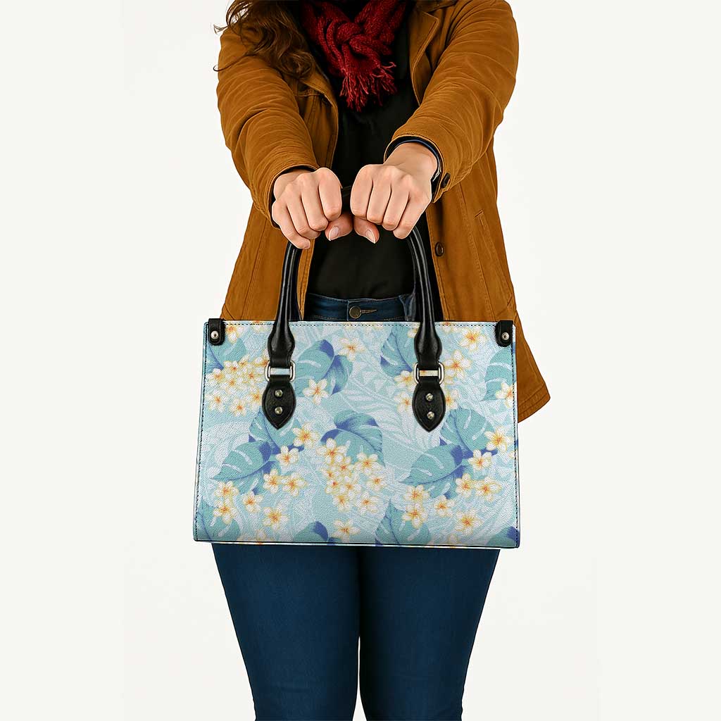 Pastel Cyan Tropical Hawaii Leather Bag Seamless Monstera Plumeria Hawaiian Pattern - Polynesian Pride