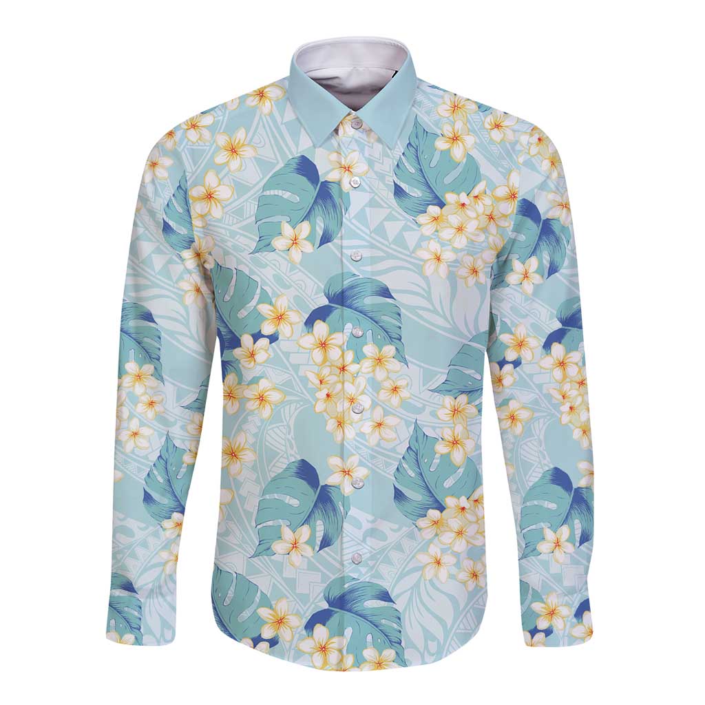 Pastel Cyan Tropical Hawaii Long Sleeve Button Shirt Seamless Monstera Plumeria Hawaiian Pattern LT14 Unisex Pastel Cyan - Polynesian Pride
