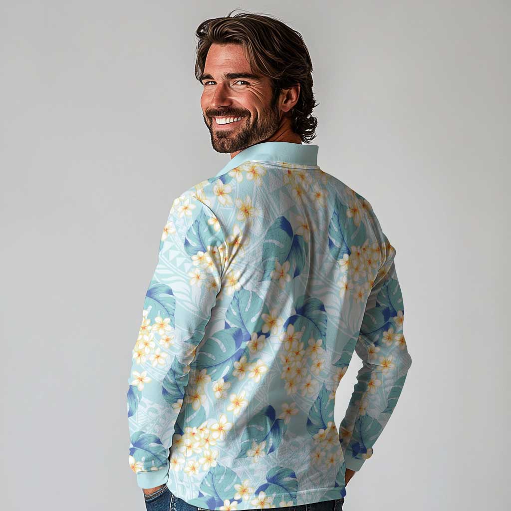 Pastel Cyan Tropical Hawaii Long Sleeve Polo Shirt Seamless Monstera Plumeria Hawaiian Pattern - Polynesian Pride