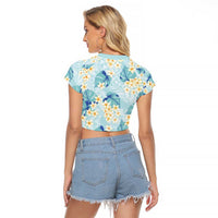 Pastel Cyan Tropical Hawaii Raglan Cropped T Shirt Seamless Monstera Plumeria Hawaiian Pattern - Polynesian Pride