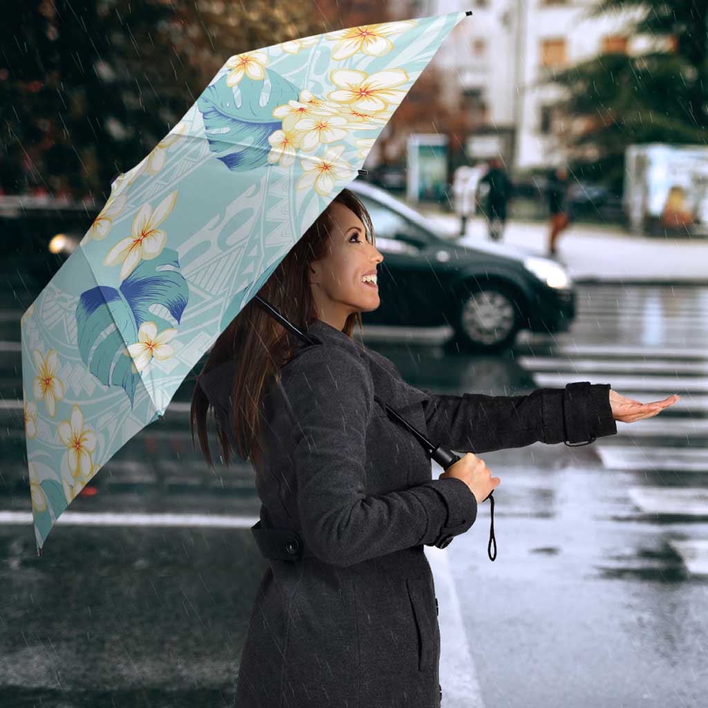 Pastel Cyan Tropical Hawaii Umbrella Seamless Monstera Plumeria Hawaiian Pattern - Polynesian Pride