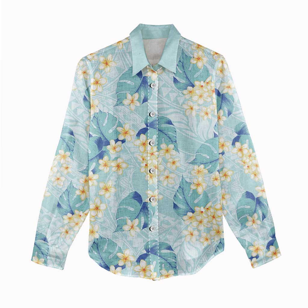 Pastel Cyan Tropical Hawaii Women Casual Shirt Seamless Monstera Plumeria Hawaiian Pattern - Polynesian Pride