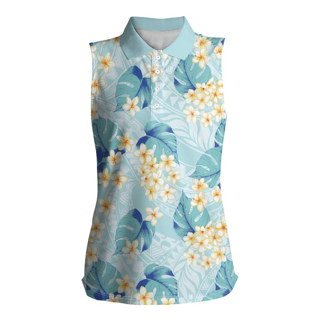 Pastel Cyan Tropical Hawaii Women Sleeveless Polo Shirt Seamless Monstera Plumeria Hawaiian Pattern LT14 Female Pastel Cyan - Polynesian Pride