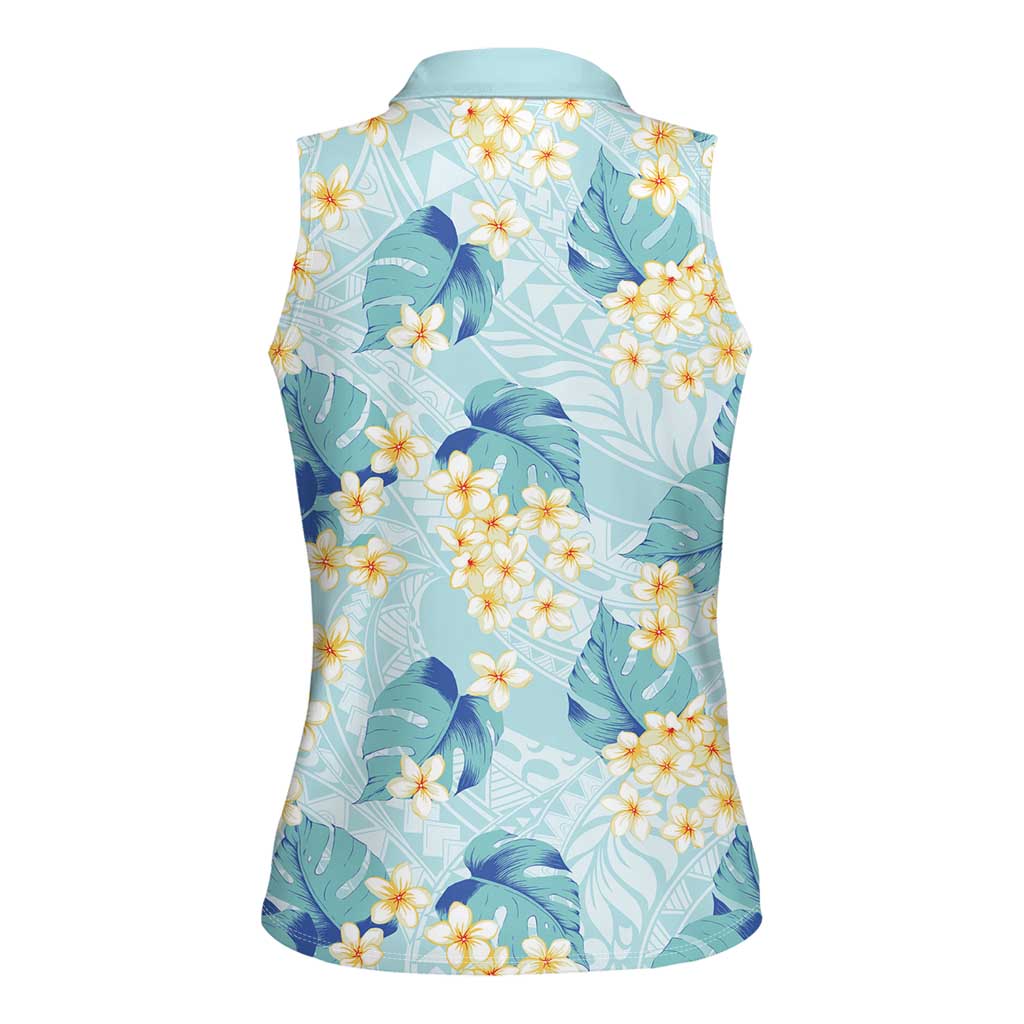 Pastel Cyan Tropical Hawaii Women Sleeveless Polo Shirt Seamless Monstera Plumeria Hawaiian Pattern LT14 - Polynesian Pride