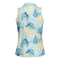 Pastel Cyan Tropical Hawaii Women Sleeveless Polo Shirt Seamless Monstera Plumeria Hawaiian Pattern LT14 - Polynesian Pride