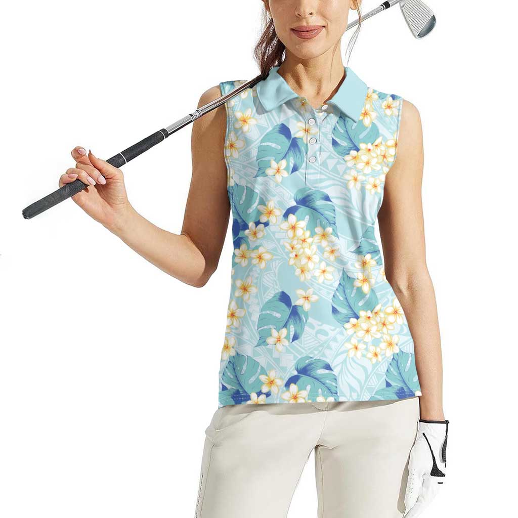 Pastel Cyan Tropical Hawaii Women Sleeveless Polo Shirt Seamless Monstera Plumeria Hawaiian Pattern LT14 - Polynesian Pride