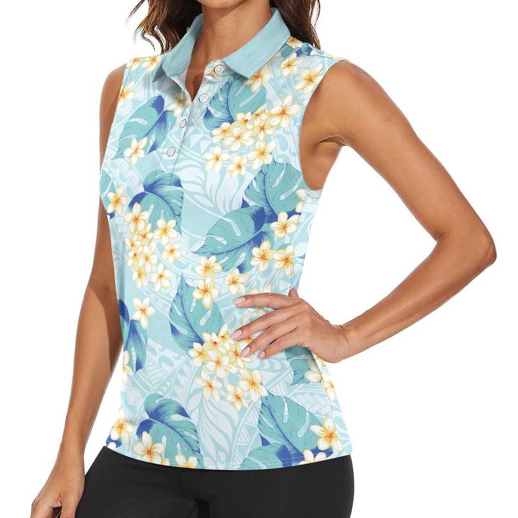 Pastel Cyan Tropical Hawaii Women Sleeveless Polo Shirt Seamless Monstera Plumeria Hawaiian Pattern LT14 - Polynesian Pride