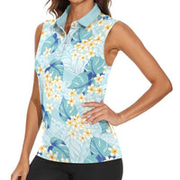 Pastel Cyan Tropical Hawaii Women Sleeveless Polo Shirt Seamless Monstera Plumeria Hawaiian Pattern LT14 - Polynesian Pride