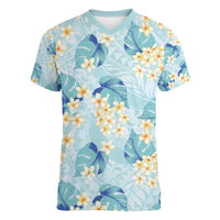 Pastel Cyan Tropical Hawaii Women V-Neck T-Shirt Seamless Monstera Plumeria Hawaiian Pattern LT14 Female Pastel Cyan - Polynesian Pride