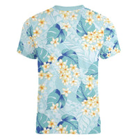 Pastel Cyan Tropical Hawaii Women V-Neck T-Shirt Seamless Monstera Plumeria Hawaiian Pattern LT14 - Polynesian Pride