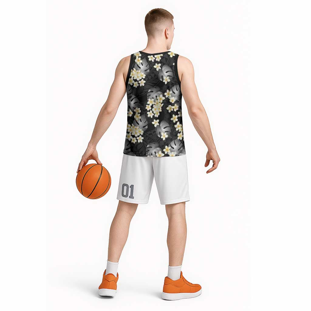 Black Tropical Hawaii Basketball Jersey Seamless Monstera Plumeria Hawaiian Pattern - Polynesian Pride