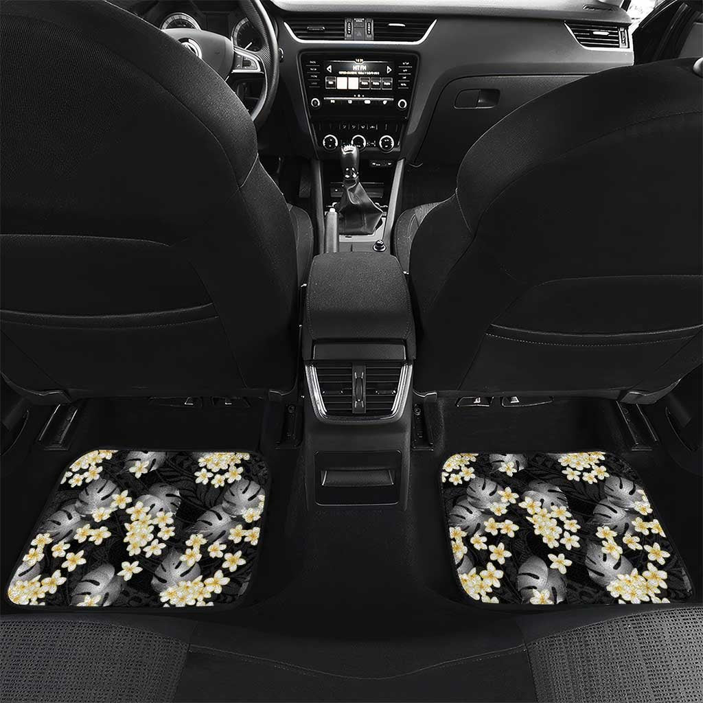Black Tropical Hawaii Car Mats Seamless Monstera Plumeria Hawaiian Pattern - Polynesian Pride