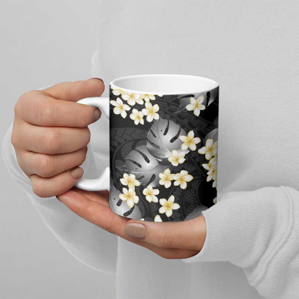 Black Tropical Hawaii Ceramic Mug Seamless Monstera Plumeria Hawaiian Pattern - Polynesian Pride
