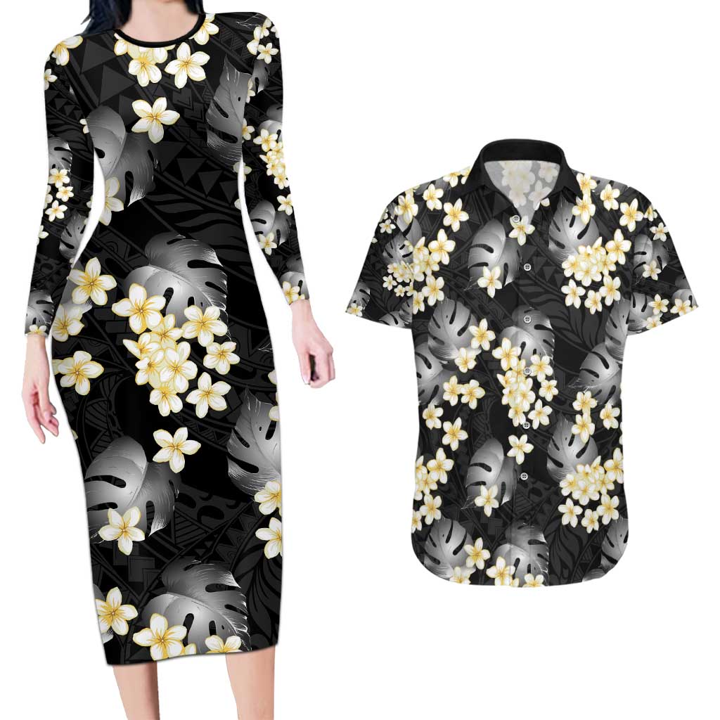Black Tropical Hawaii Couples Matching Long Sleeve Bodycon Dress and Hawaiian Shirt Seamless Monstera Plumeria Hawaiian Pattern LT14 Black - Polynesian Pride