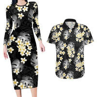 Black Tropical Hawaii Couples Matching Long Sleeve Bodycon Dress and Hawaiian Shirt Seamless Monstera Plumeria Hawaiian Pattern LT14 Black - Polynesian Pride