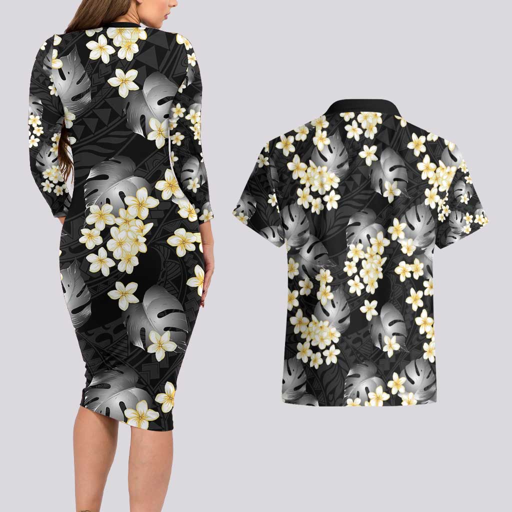Black Tropical Hawaii Couples Matching Long Sleeve Bodycon Dress and Hawaiian Shirt Seamless Monstera Plumeria Hawaiian Pattern LT14 - Polynesian Pride