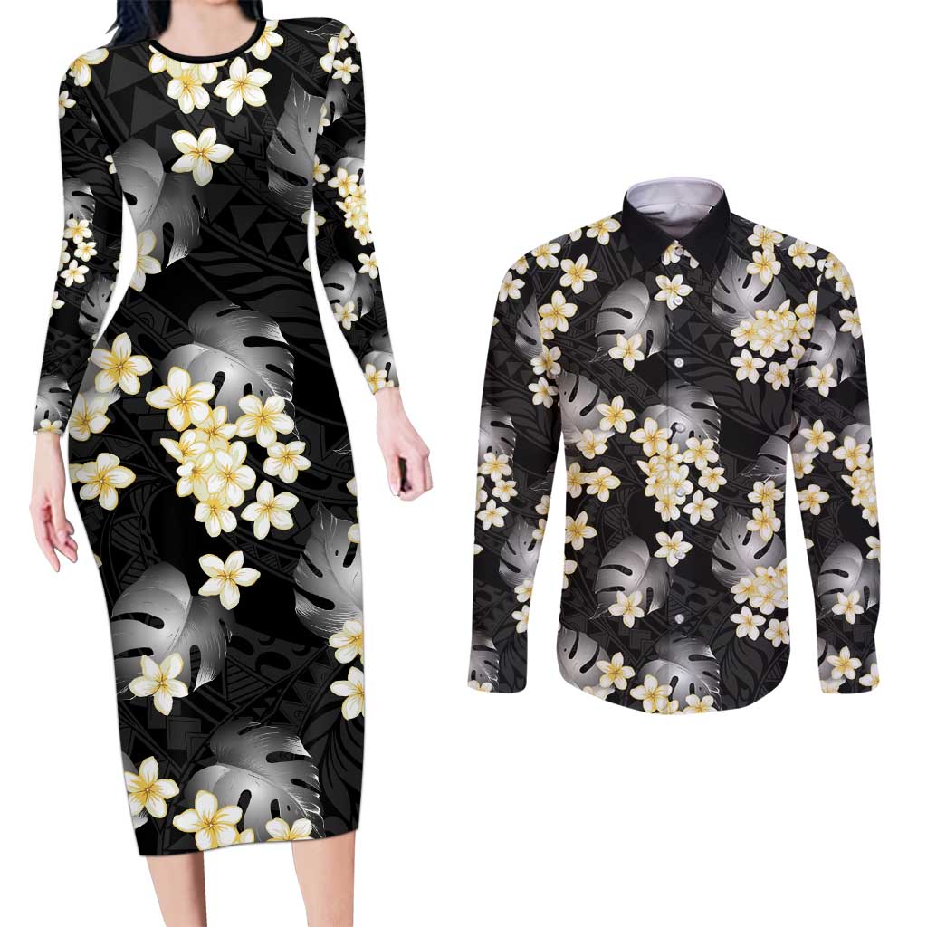 Black Tropical Hawaii Couples Matching Long Sleeve Bodycon Dress and Long Sleeve Button Shirt Seamless Monstera Plumeria Hawaiian Pattern LT14 Black - Polynesian Pride