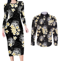 Black Tropical Hawaii Couples Matching Long Sleeve Bodycon Dress and Long Sleeve Button Shirt Seamless Monstera Plumeria Hawaiian Pattern LT14 Black - Polynesian Pride