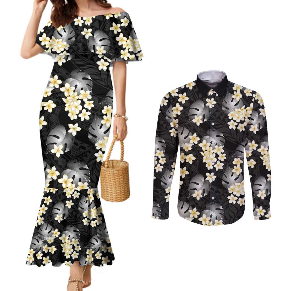 Black Tropical Hawaii Couples Matching Mermaid Dress and Long Sleeve Button Shirt Seamless Monstera Plumeria Hawaiian Pattern LT14 Black - Polynesian Pride
