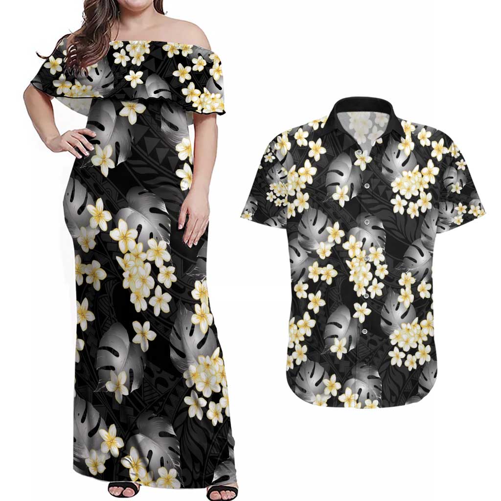 Black Tropical Hawaii Couples Matching Off Shoulder Maxi Dress and Hawaiian Shirt Seamless Monstera Plumeria Hawaiian Pattern LT14 Black - Polynesian Pride