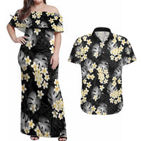 Black Tropical Hawaii Couples Matching Off Shoulder Maxi Dress and Hawaiian Shirt Seamless Monstera Plumeria Hawaiian Pattern LT14 Black - Polynesian Pride