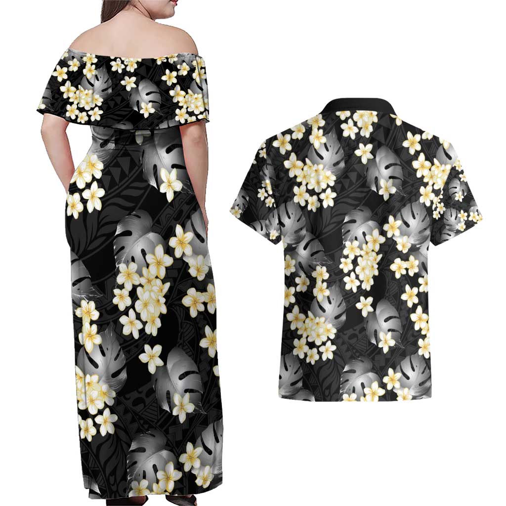 Black Tropical Hawaii Couples Matching Off Shoulder Maxi Dress and Hawaiian Shirt Seamless Monstera Plumeria Hawaiian Pattern LT14 - Polynesian Pride