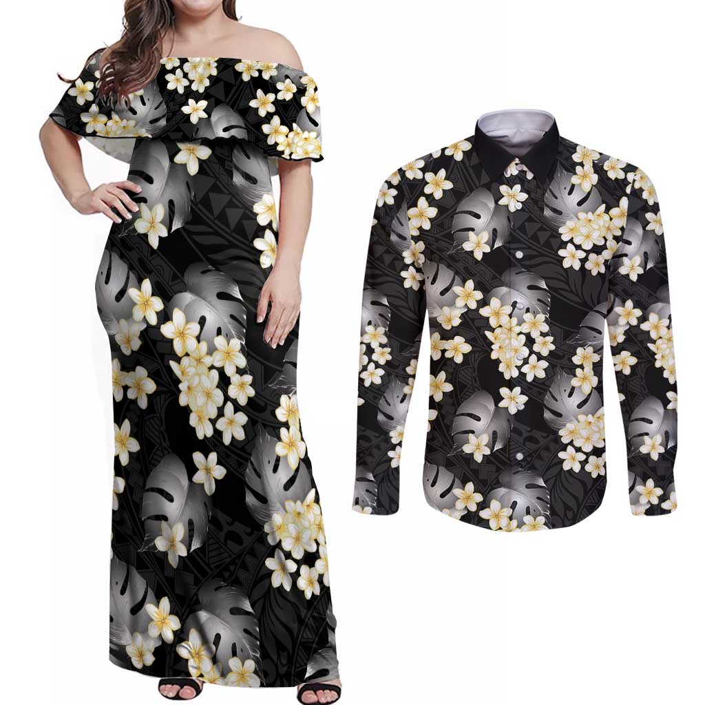 Black Tropical Hawaii Couples Matching Off Shoulder Maxi Dress and Long Sleeve Button Shirt Seamless Monstera Plumeria Hawaiian Pattern LT14 Black - Polynesian Pride
