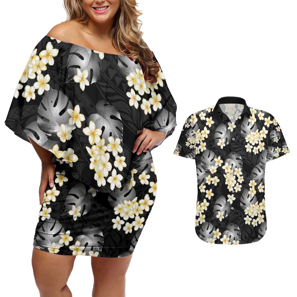 Black Tropical Hawaii Couples Matching Off Shoulder Short Dress and Hawaiian Shirt Seamless Monstera Plumeria Hawaiian Pattern LT14 Black - Polynesian Pride
