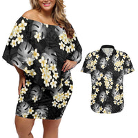 Black Tropical Hawaii Couples Matching Off Shoulder Short Dress and Hawaiian Shirt Seamless Monstera Plumeria Hawaiian Pattern LT14 Black - Polynesian Pride