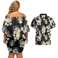Black Tropical Hawaii Couples Matching Off Shoulder Short Dress and Hawaiian Shirt Seamless Monstera Plumeria Hawaiian Pattern LT14 - Polynesian Pride