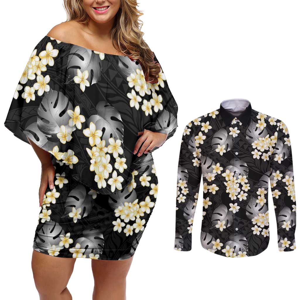 Black Tropical Hawaii Couples Matching Off Shoulder Short Dress and Long Sleeve Button Shirt Seamless Monstera Plumeria Hawaiian Pattern LT14 Black - Polynesian Pride