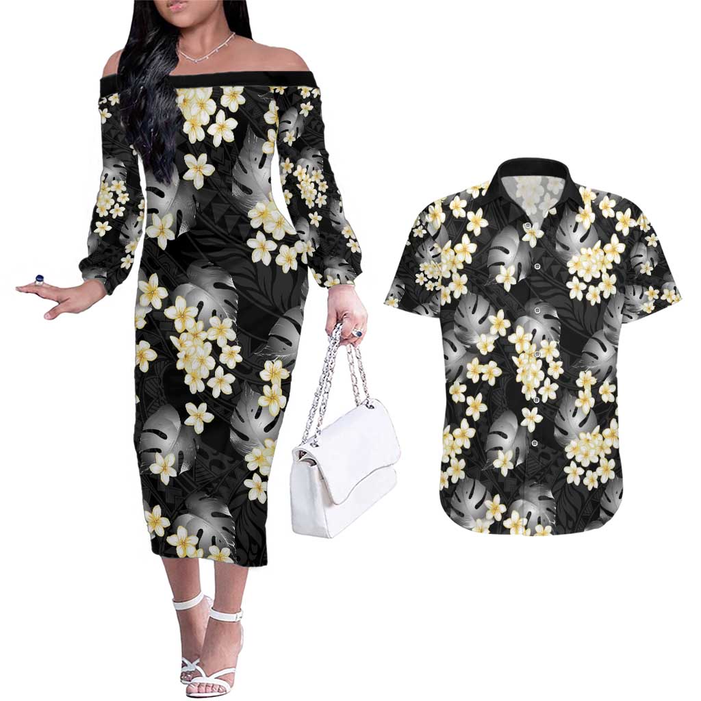 Black Tropical Hawaii Couples Matching Off The Shoulder Long Sleeve Dress and Hawaiian Shirt Seamless Monstera Plumeria Hawaiian Pattern LT14 Black - Polynesian Pride