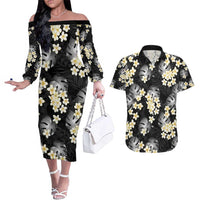 Black Tropical Hawaii Couples Matching Off The Shoulder Long Sleeve Dress and Hawaiian Shirt Seamless Monstera Plumeria Hawaiian Pattern LT14 Black - Polynesian Pride