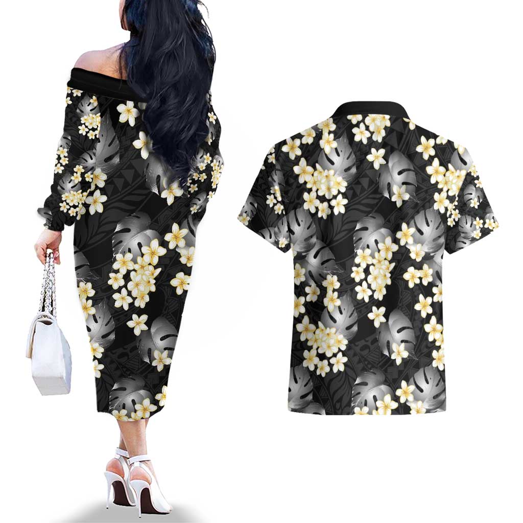 Black Tropical Hawaii Couples Matching Off The Shoulder Long Sleeve Dress and Hawaiian Shirt Seamless Monstera Plumeria Hawaiian Pattern LT14 - Polynesian Pride