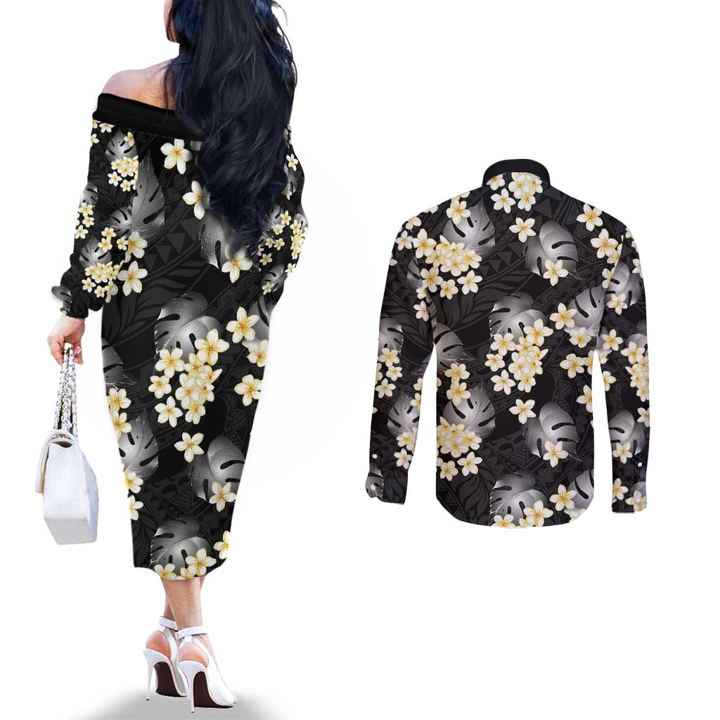 Black Tropical Hawaii Couples Matching Off The Shoulder Long Sleeve Dress and Long Sleeve Button Shirt Seamless Monstera Plumeria Hawaiian Pattern LT14 - Polynesian Pride