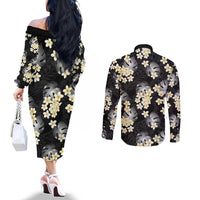 Black Tropical Hawaii Couples Matching Off The Shoulder Long Sleeve Dress and Long Sleeve Button Shirt Seamless Monstera Plumeria Hawaiian Pattern LT14 - Polynesian Pride