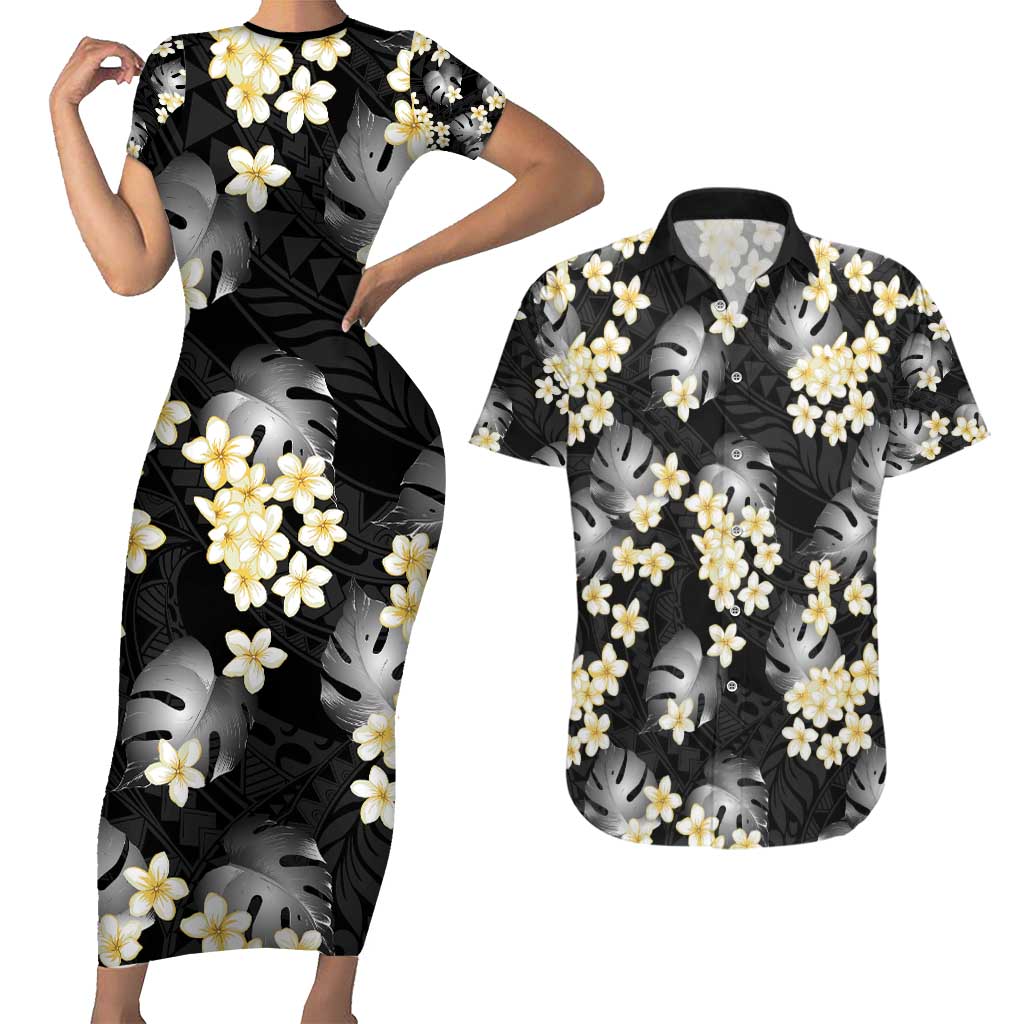 Black Tropical Hawaii Couples Matching Short Sleeve Bodycon Dress and Hawaiian Shirt Seamless Monstera Plumeria Hawaiian Pattern LT14 Black - Polynesian Pride