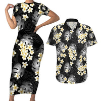 Black Tropical Hawaii Couples Matching Short Sleeve Bodycon Dress and Hawaiian Shirt Seamless Monstera Plumeria Hawaiian Pattern LT14 Black - Polynesian Pride