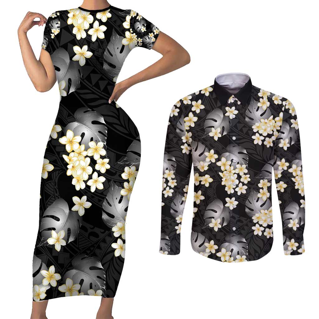 Black Tropical Hawaii Couples Matching Short Sleeve Bodycon Dress and Long Sleeve Button Shirt Seamless Monstera Plumeria Hawaiian Pattern LT14 Black - Polynesian Pride