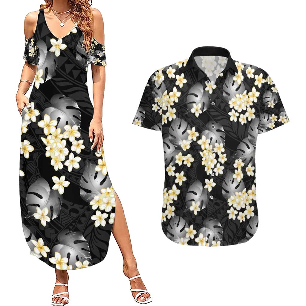 Black Tropical Hawaii Couples Matching Summer Maxi Dress and Hawaiian Shirt Seamless Monstera Plumeria Hawaiian Pattern LT14 Black - Polynesian Pride