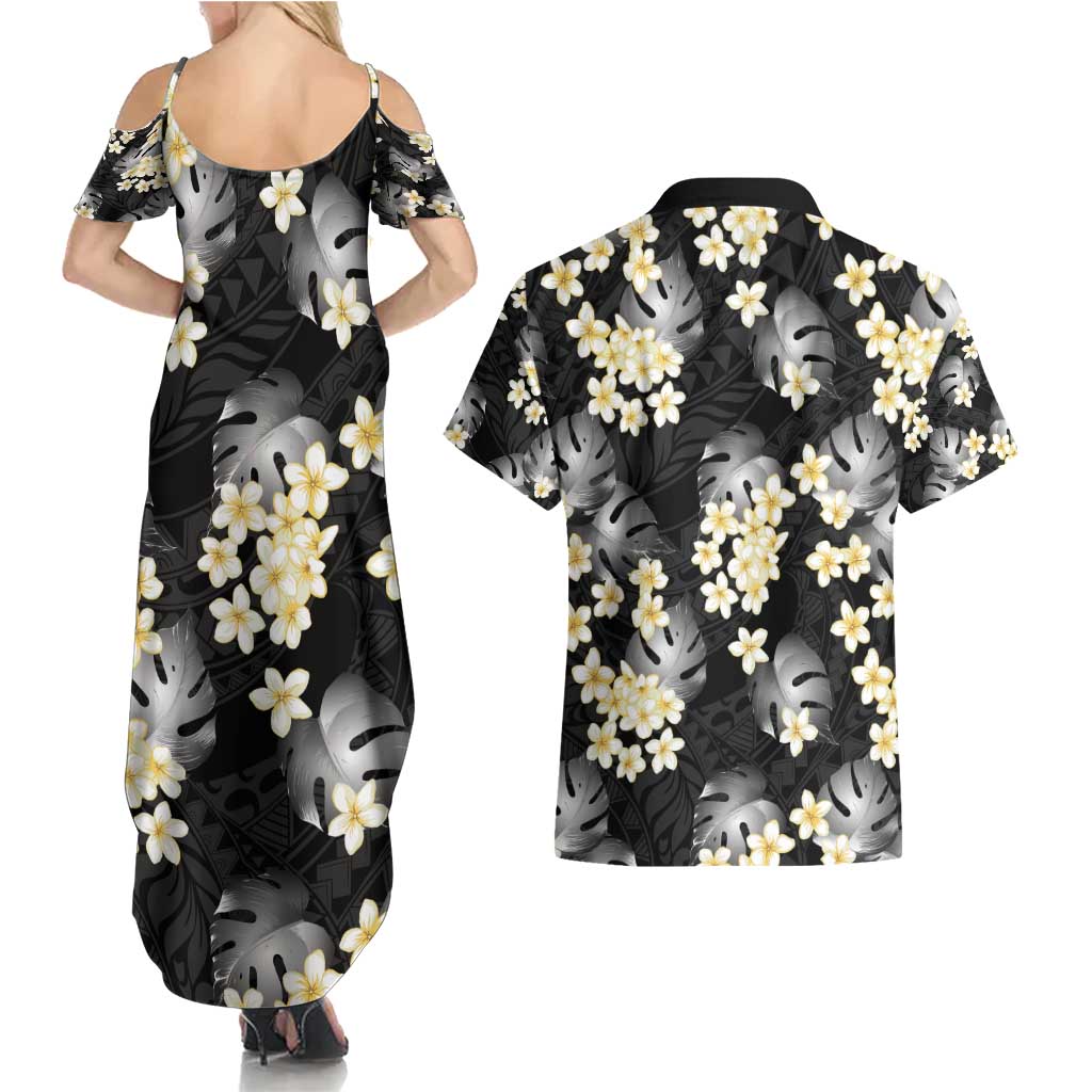Black Tropical Hawaii Couples Matching Summer Maxi Dress and Hawaiian Shirt Seamless Monstera Plumeria Hawaiian Pattern LT14 - Polynesian Pride