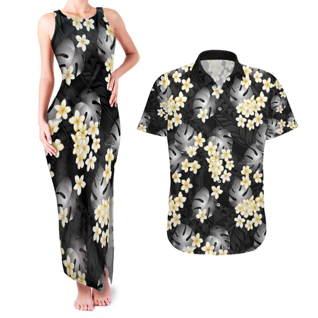 Black Tropical Hawaii Couples Matching Tank Maxi Dress and Hawaiian Shirt Seamless Monstera Plumeria Hawaiian Pattern LT14 Black - Polynesian Pride
