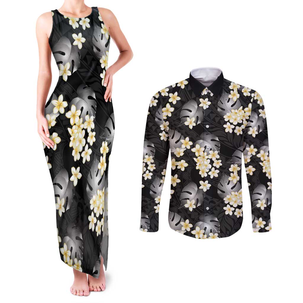 Black Tropical Hawaii Couples Matching Tank Maxi Dress and Long Sleeve Button Shirt Seamless Monstera Plumeria Hawaiian Pattern LT14 Black - Polynesian Pride
