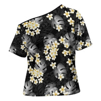 Black Tropical Hawaii Cross Shoulder Shirt Seamless Monstera Plumeria Hawaiian Pattern - Polynesian Pride